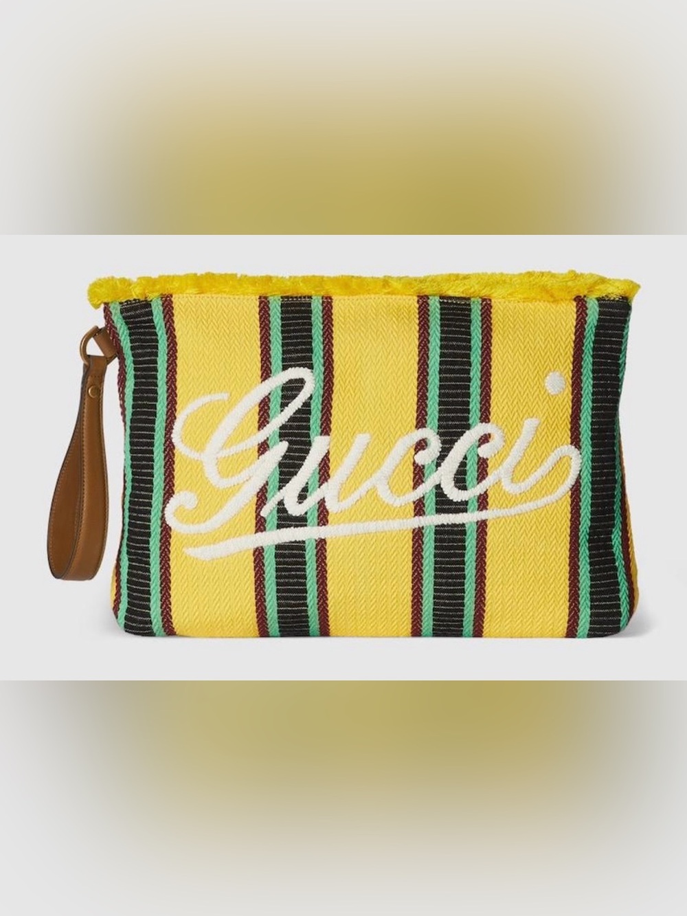GUCCI Canvas and Cotton Yellow Embroidered Stripe Canvas Pouch NEW